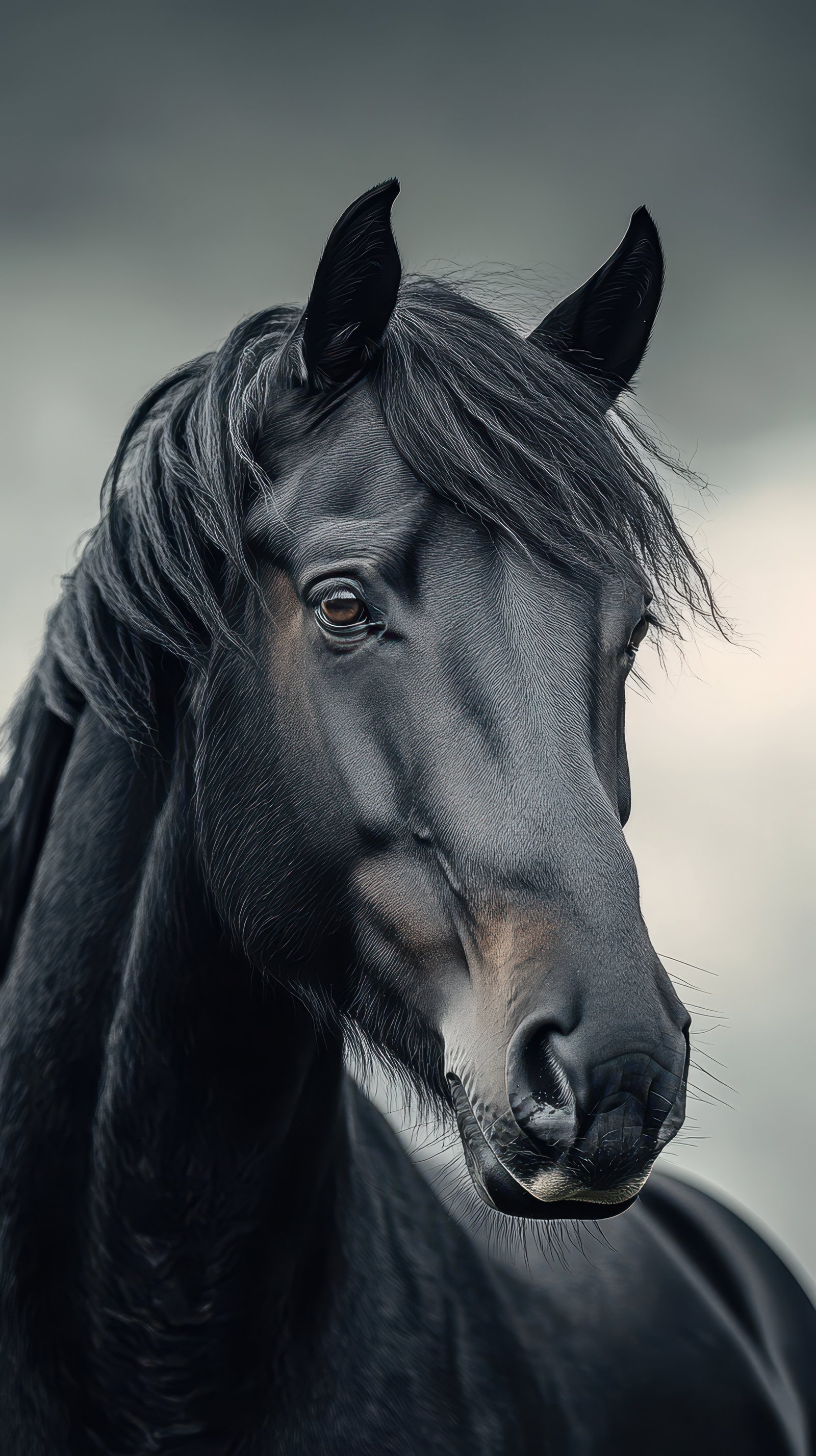 Majestic black horse with flowing mane poses against a dramatic cloudy sky